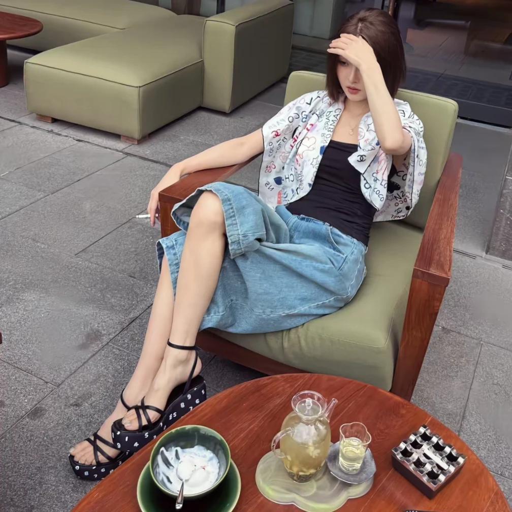 【yoyo推荐】厚底坡跟凉鞋女夏季外穿甜酷风一字带露趾凉拖鞋