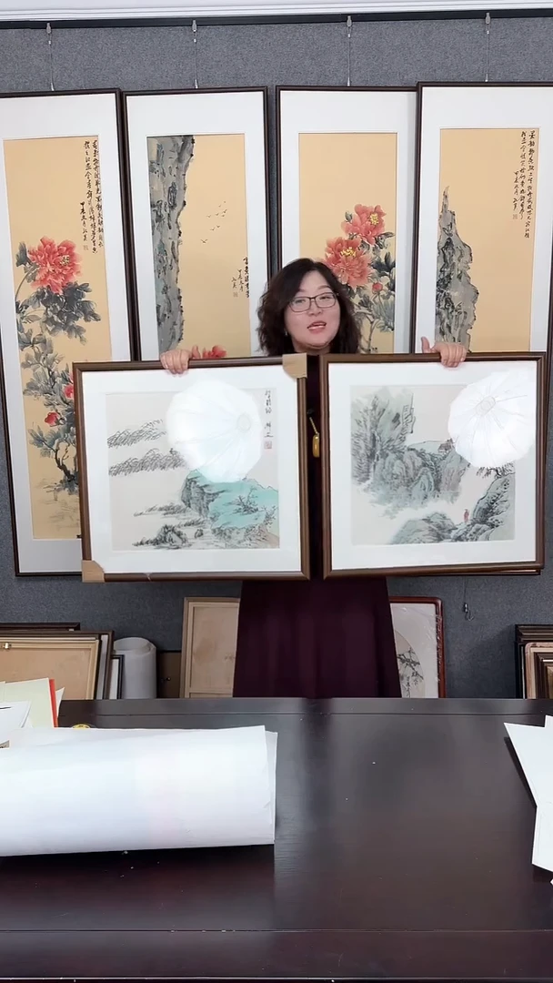 【闪购商品】国画山水实木装裱两个改原木色框