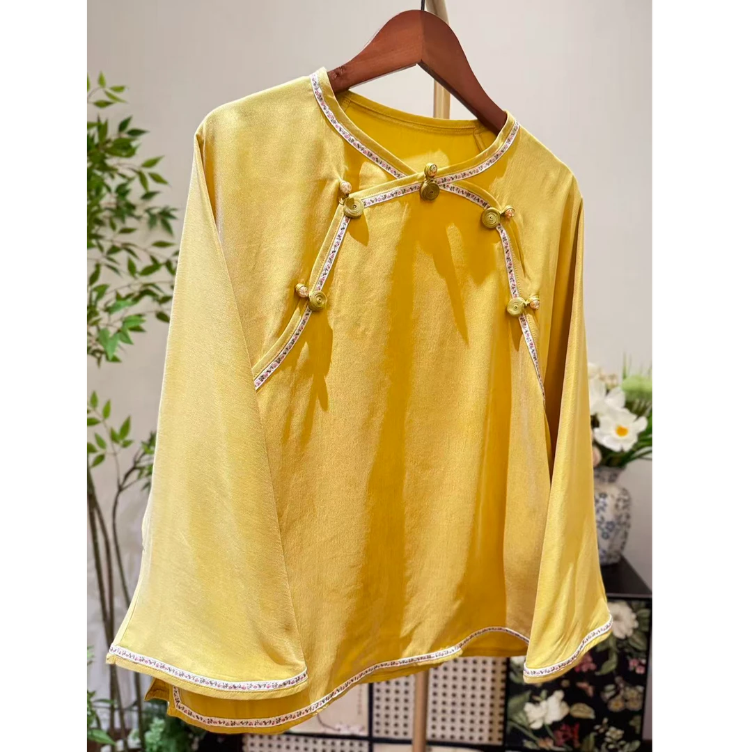 新中式国风圆领斜襟盘扣上衣女2025秋季新款复古宽松显瘦打底衫