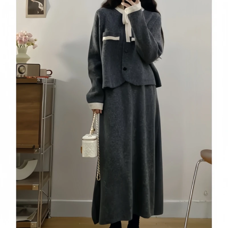 大码女装秋季小香风设计蝴蝶结针织气质休闲毛衣上衣半身裙两件套