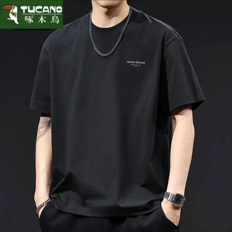 啄木鸟纯棉落肩款重磅男士白色短袖图案韩宽松韩版 t恤休闲百搭