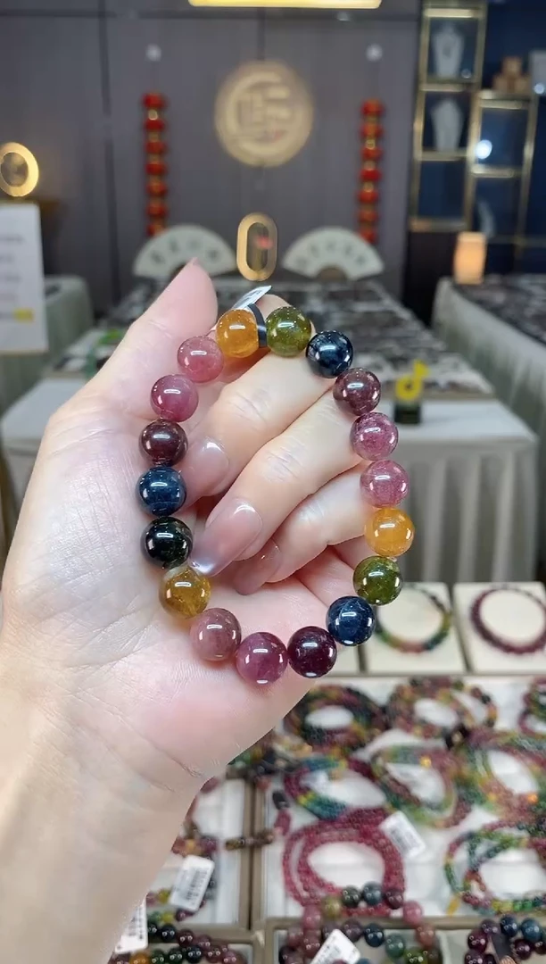 未镶嵌冰透体老矿碧玺彩虹单圈手串10mm+碧玺hon多样性发一条
