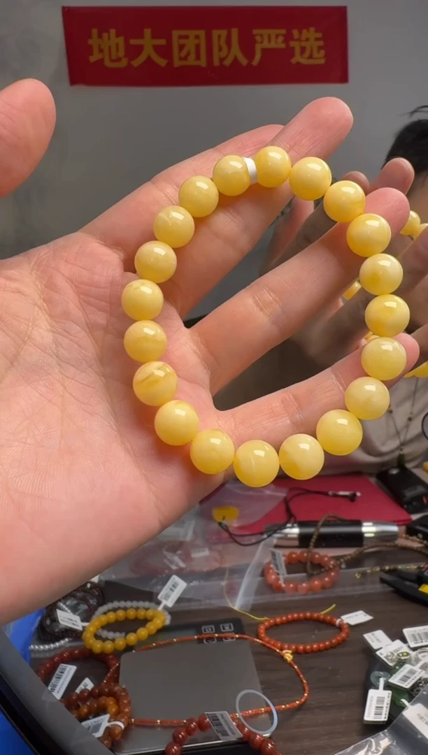 手链琥珀未镶嵌约10mm俄料白花纹满蜜蜜蜡圆珠单圈手串