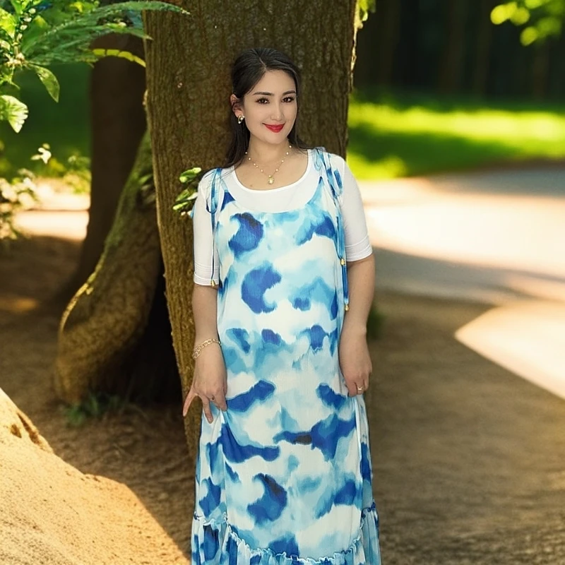 民族风复古印花吊带裙两件套