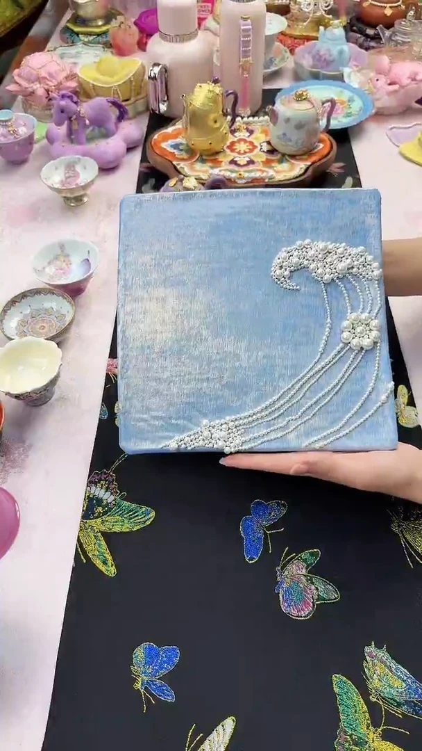 90蓝色海浪钉珠茶席