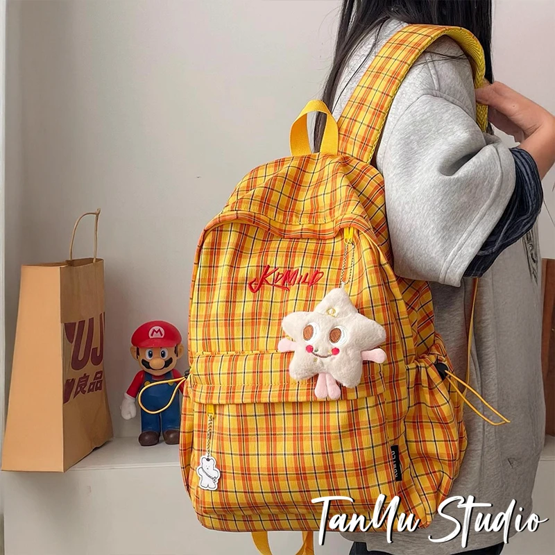 探屿美式复古书包初中女生双肩包女大学生旅游轻便百搭大容量背包