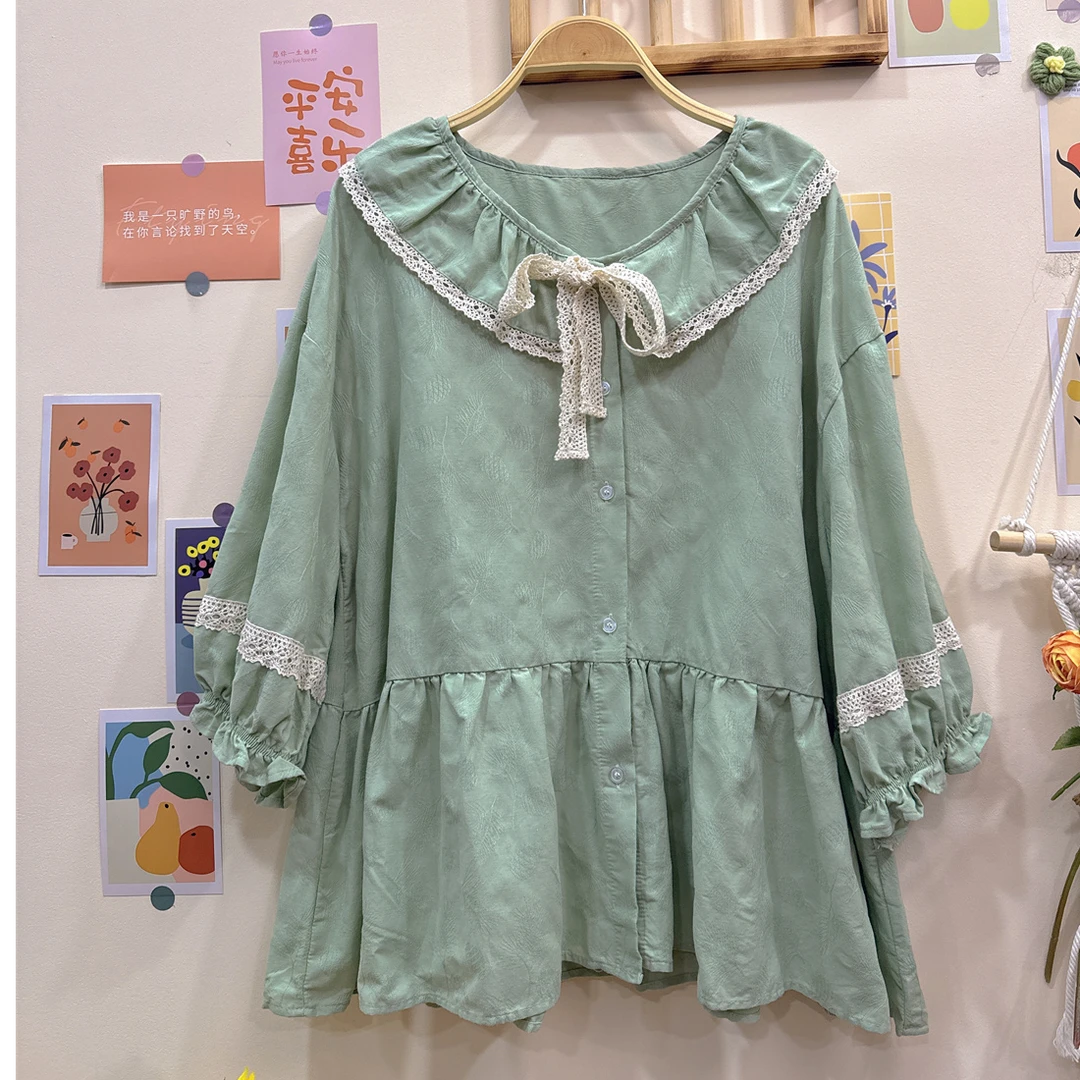 《米粒》82655春夏森系小清新娃娃领宽松百搭灯笼花边中袖衬衫