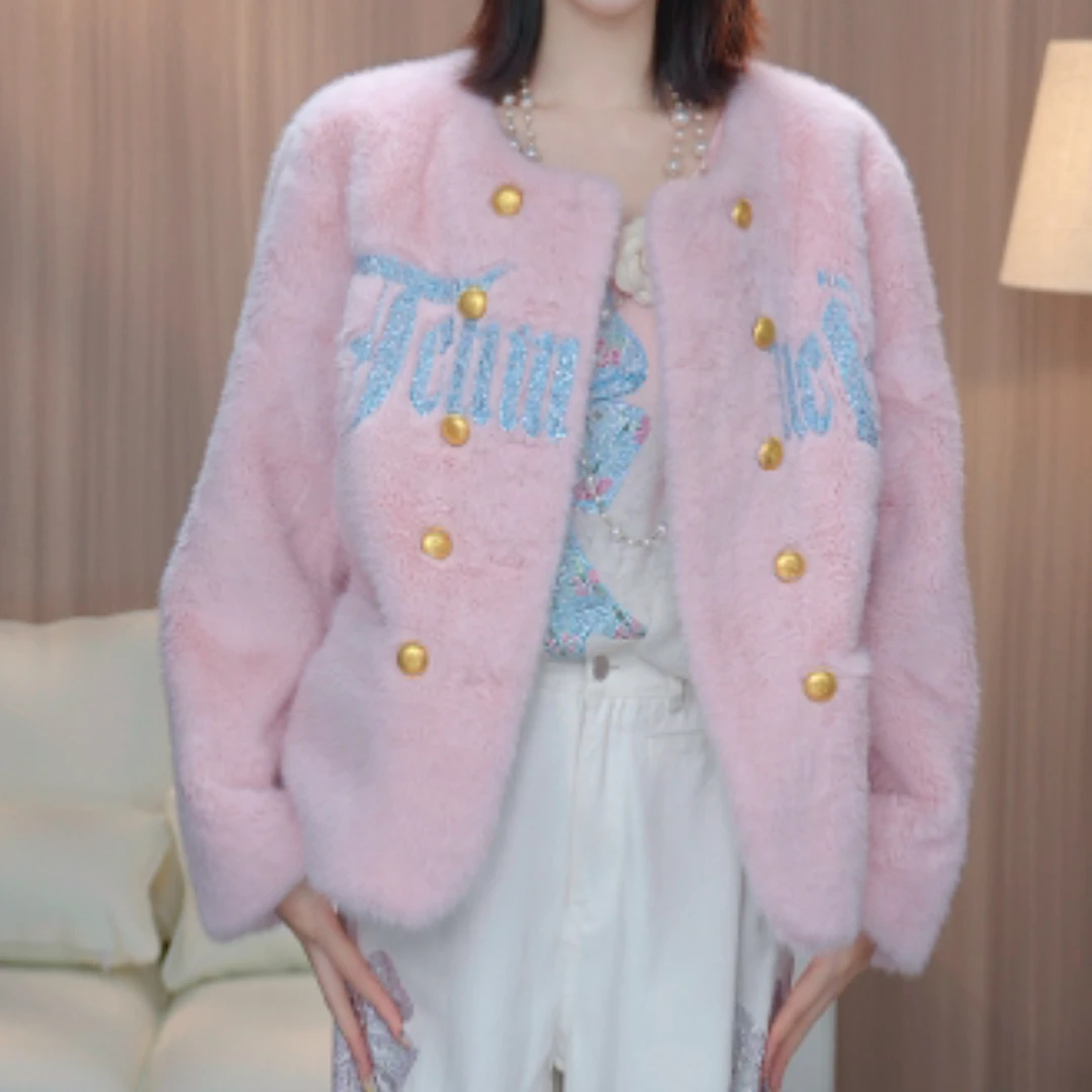 TCH私服秋款时尚休闲风烫钻淑女粉色皮草外套T75C05E5008轻奢tch
