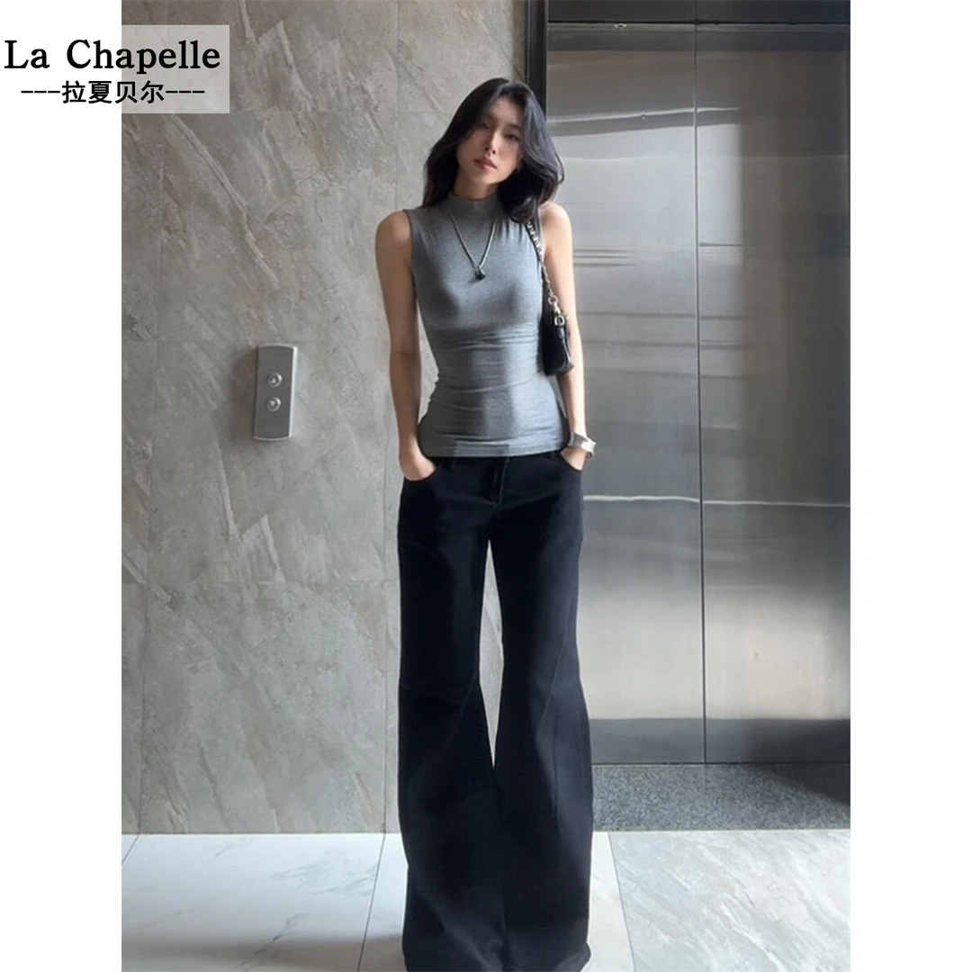 拉夏贝尔美式辣灰色半高领无袖背心女夏季高级感修身显瘦百搭上衣