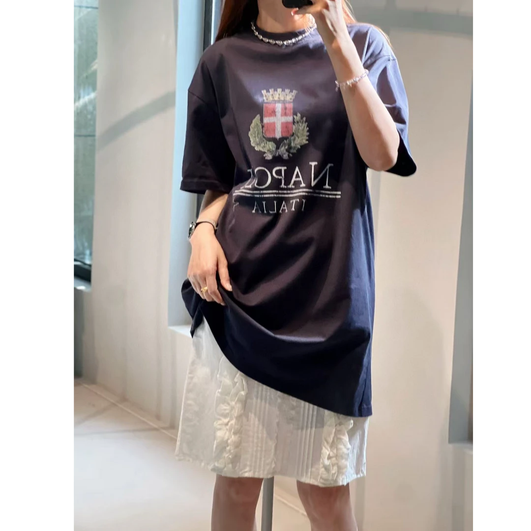 复古圆领皇冠印花中长款廊形T恤裙