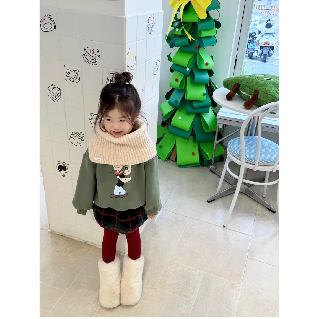 壹妈童装女童韩版秋冬季绿色时髦大力水手卡通加厚卫衣拼色格子裙