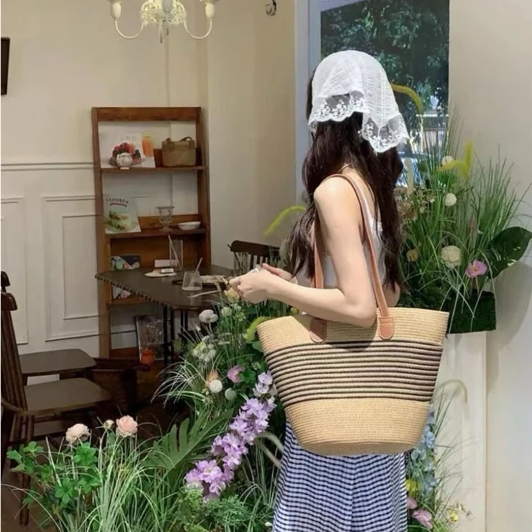 新款夏季草编包大容量条纹手工草编包托特包女包旅行单肩包