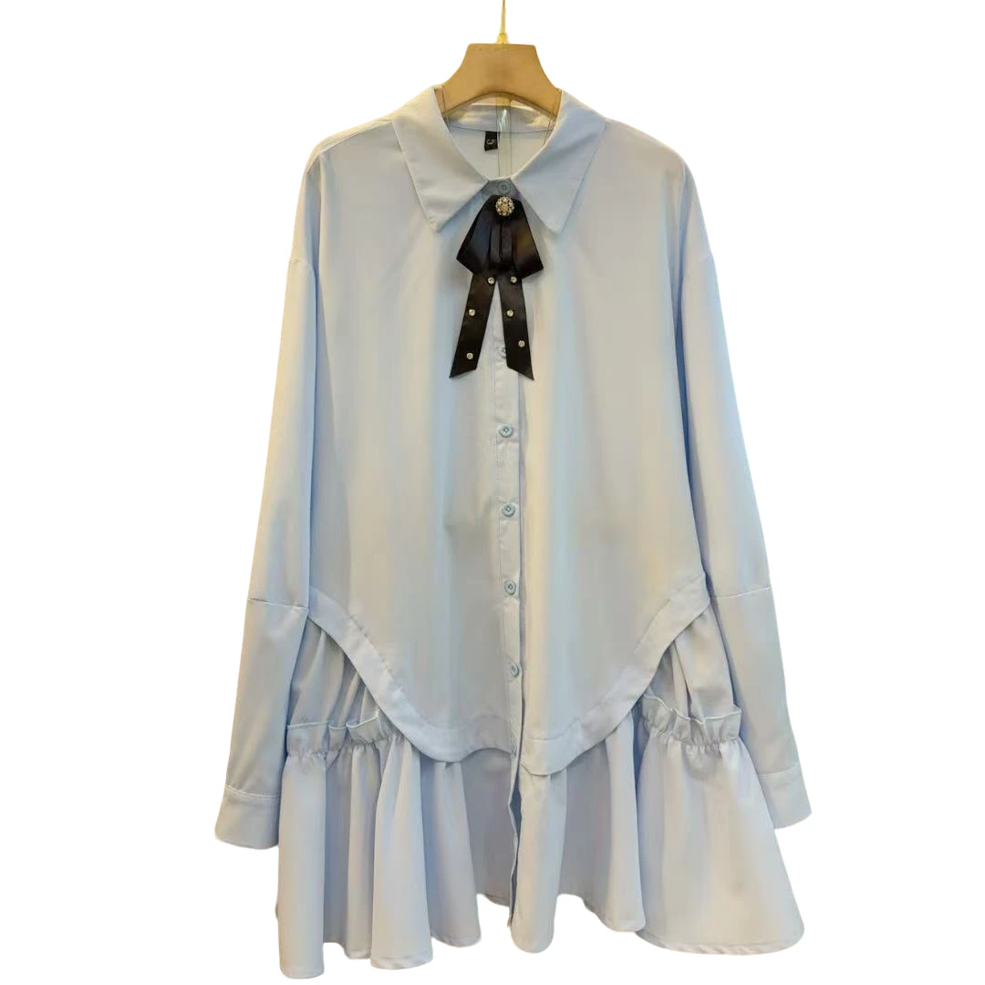 时尚显瘦翻领宽松减龄拼接花边设计感百搭长衫（长82左右）