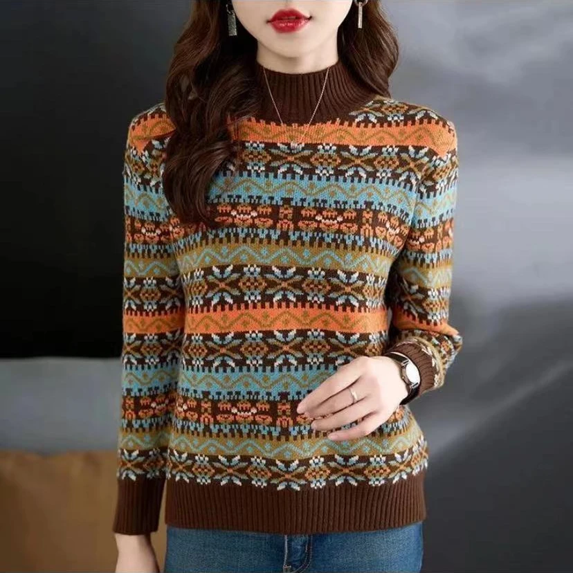 【复古民族风】091秋冬新款半高领提花针织套头毛衣