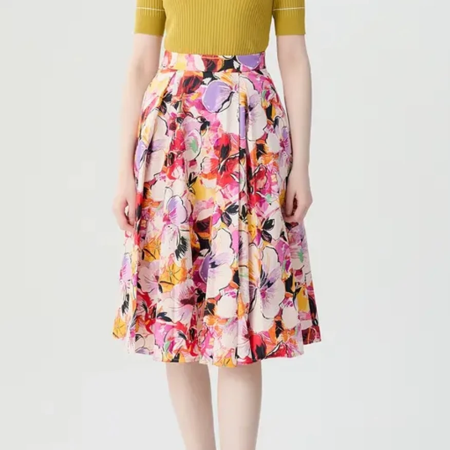 【商场同款】印花半身裙百搭时尚气质中长款高腰A字伞裙女士1200319