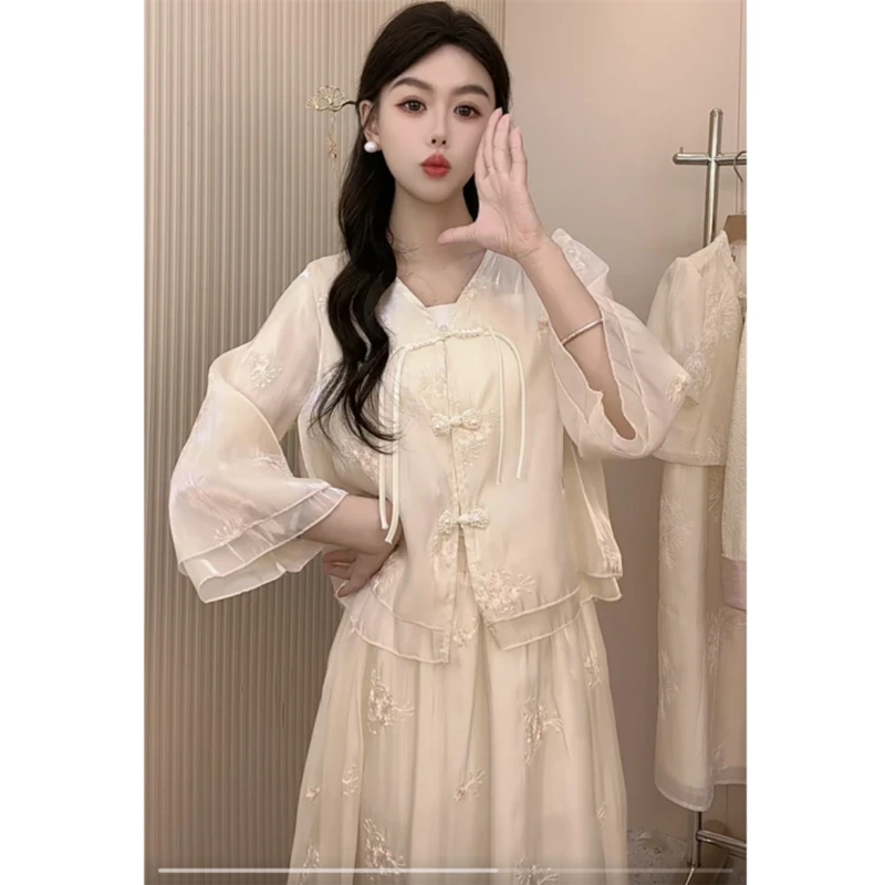 2025春夏时尚大码新中式刺绣孕妇装连衣裙套装气质夏季复古显瘦