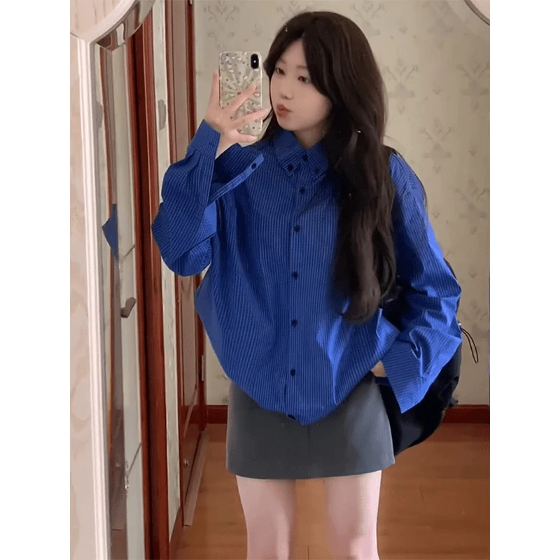 清冷系衣服蓝色条纹衬衫外套上衣女夏季高腰气质显瘦A字半身短裙