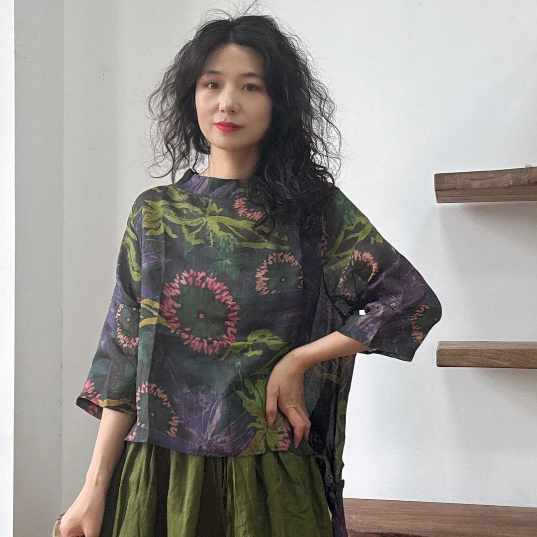 春夏新款个性宽松型上衣短款薄款苎麻T恤休闲时尚印花透气上衣