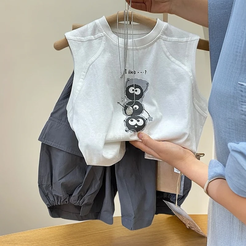 儿童夏装新款男童无袖T恤痞帅卡通小背心中小童工装短裤两件套潮