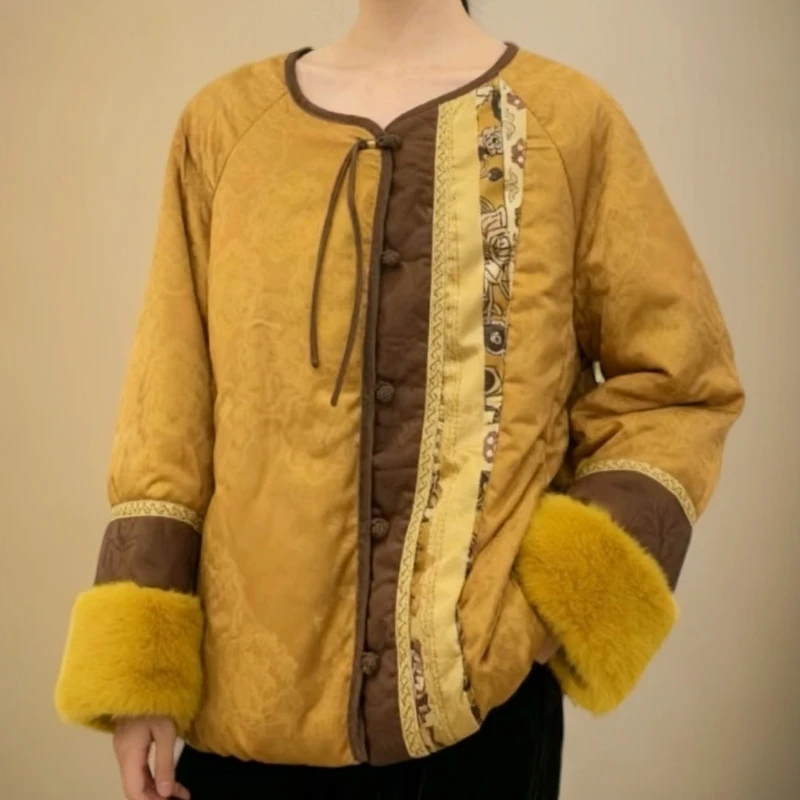 新中式民族风撞色袖口毛绒禅意拼接圆领加棉外套2025冬季新品正版