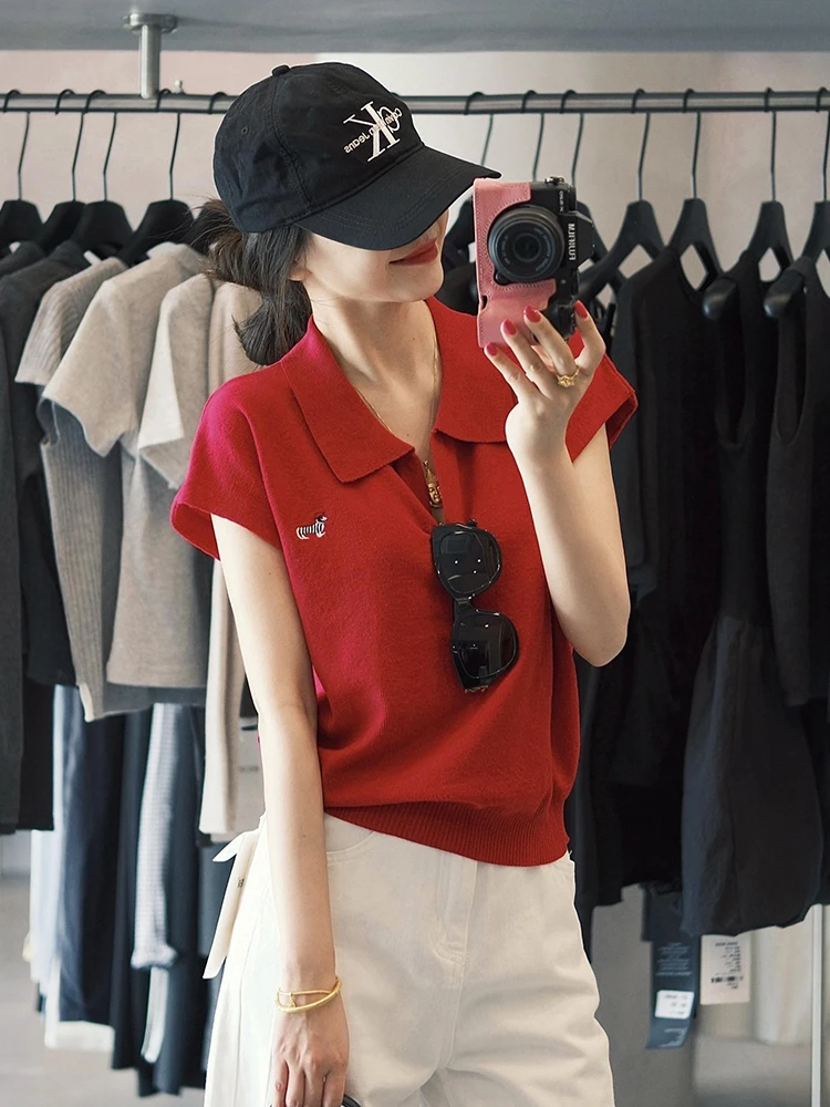 红色小狗图案Polo领针织衫女夏季设计感减龄宽松翻领正肩短袖上衣