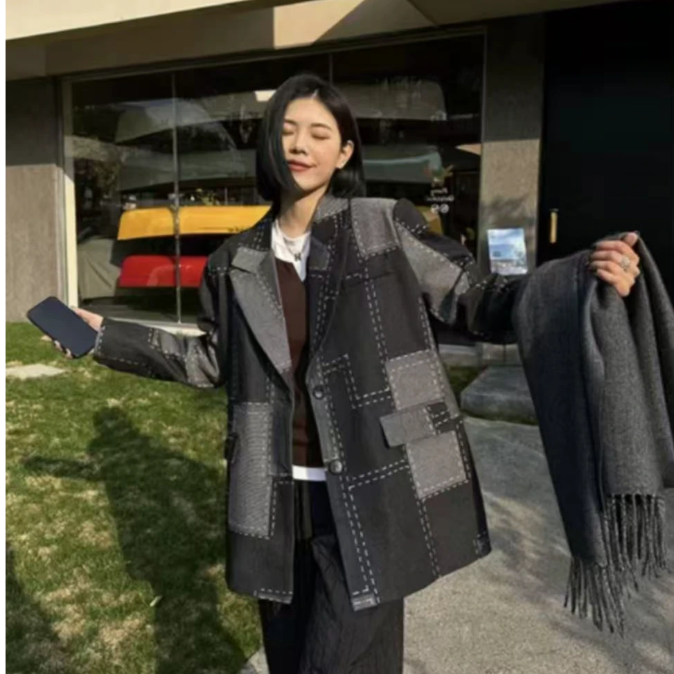 g110 西装时尚休闲格子秋冬格纹百搭拼接韩版宽松款女