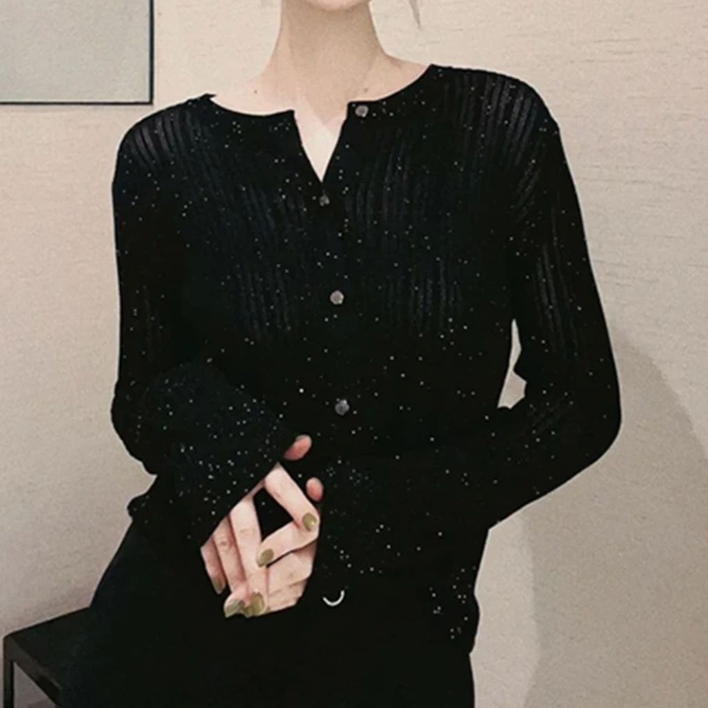 黑色气质圆领开衫上衣春秋新款百搭时尚洋气设计感毛针织衫女T932