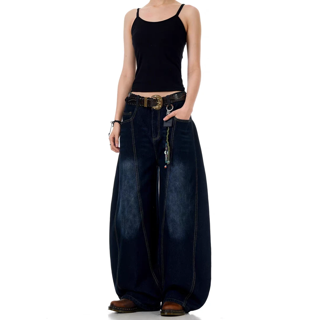 Verborgen深蓝色弯刀牛仔裤宽松阔腿美式复古vintage水洗做旧潮牌