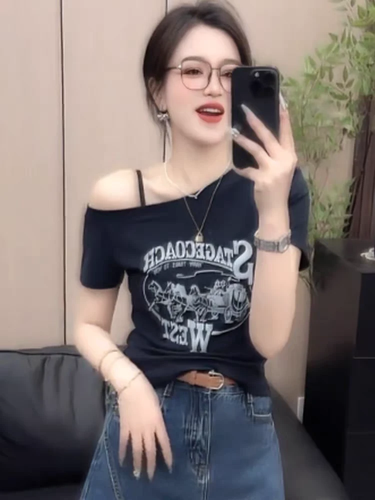 设计感斜肩短袖t恤女2025新款爆款夏季超好看独特上衣漂亮初夏