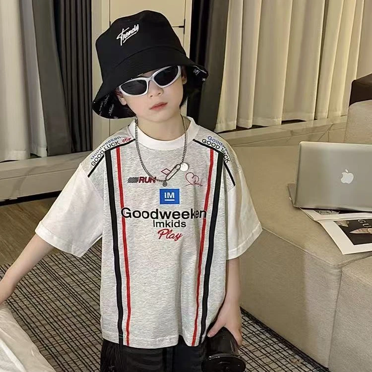 男童夏季洋气字母短袖T恤2025新款儿童夏装撞色上衣半袖宝宝休闲