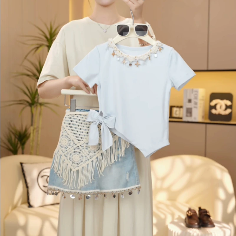 【糖宝魔豆】女童套装夏季2025新款洋气夏装薄款牛仔裙女孩时尚短袖
