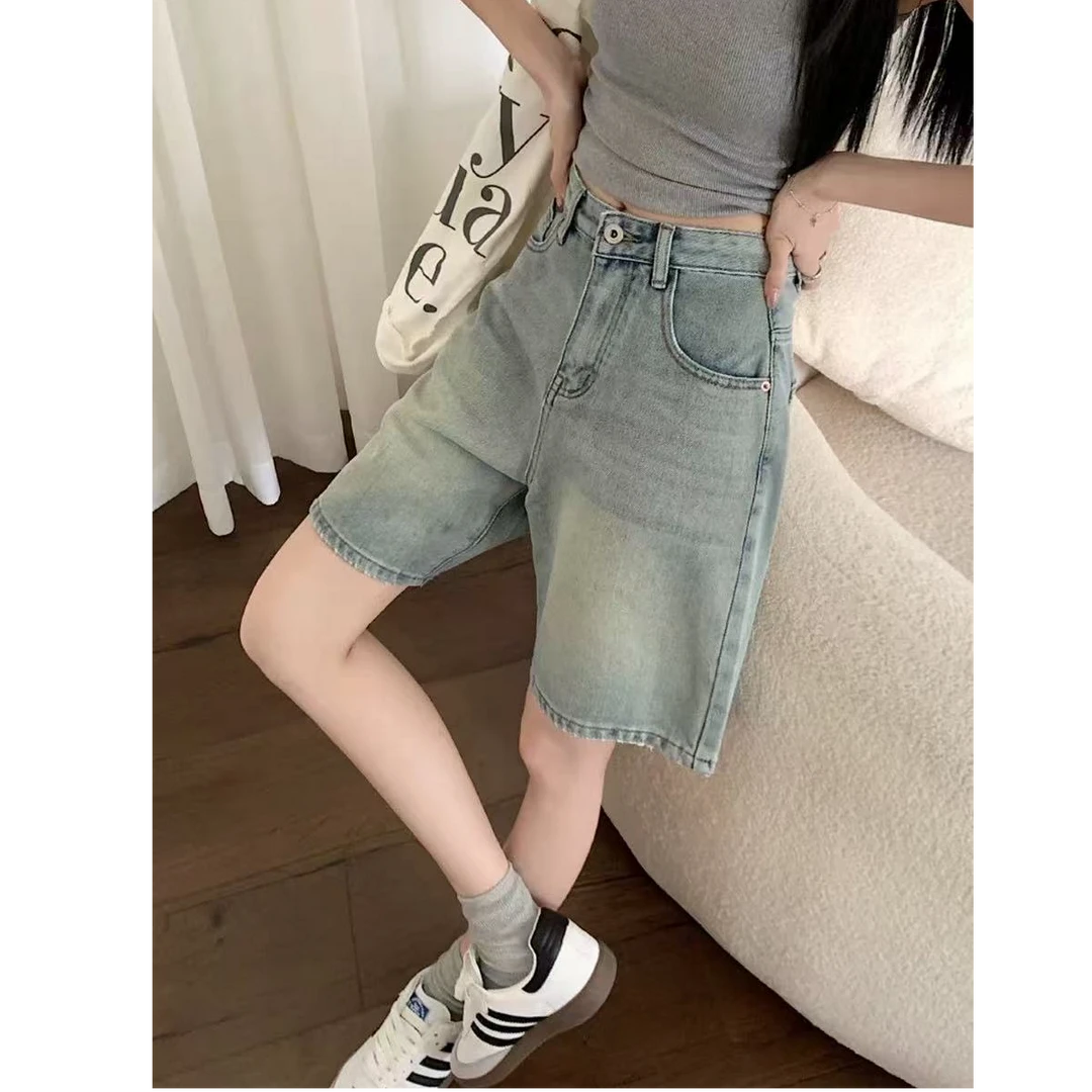 复古牛仔五分短裤女夏季2025新款小个子高腰显瘦宽松直筒a字中裤