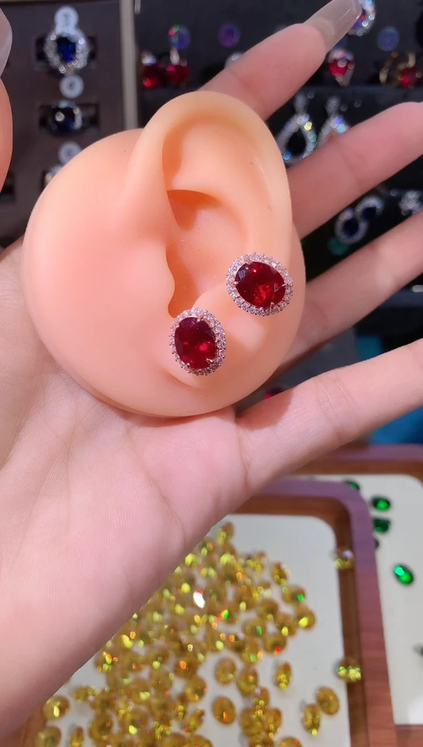 银S925镶嵌耳饰红宝石810玫瑰金酒红