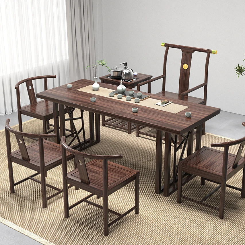 交叉腿乌金木茶台办公室茶台轻奢新中式客厅家用简约禅意茶桌椅