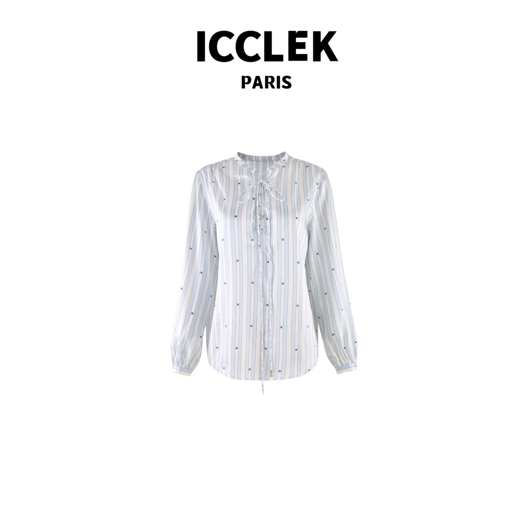 ICCLEK 蓝色条纹抽绳衬衣 设计感 洋气 气质 -2911