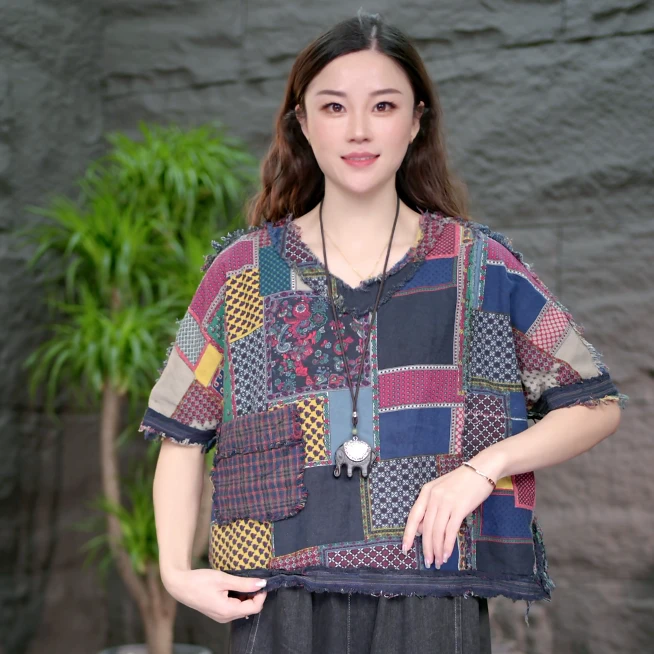 大码女装2025夏季新款韩版时尚复古民族风遮肉显瘦大版衫（新）