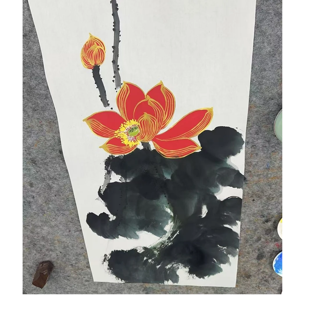 闫辉-现场-手绘国画-2平尺+书法-荷花-客厅办公室挂画