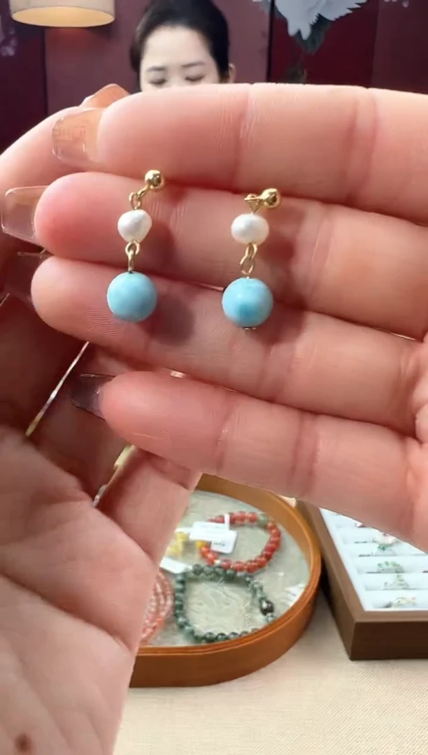 【闪购商品】针钠钙石（海纹石）耳饰银S925镶嵌KT24070410