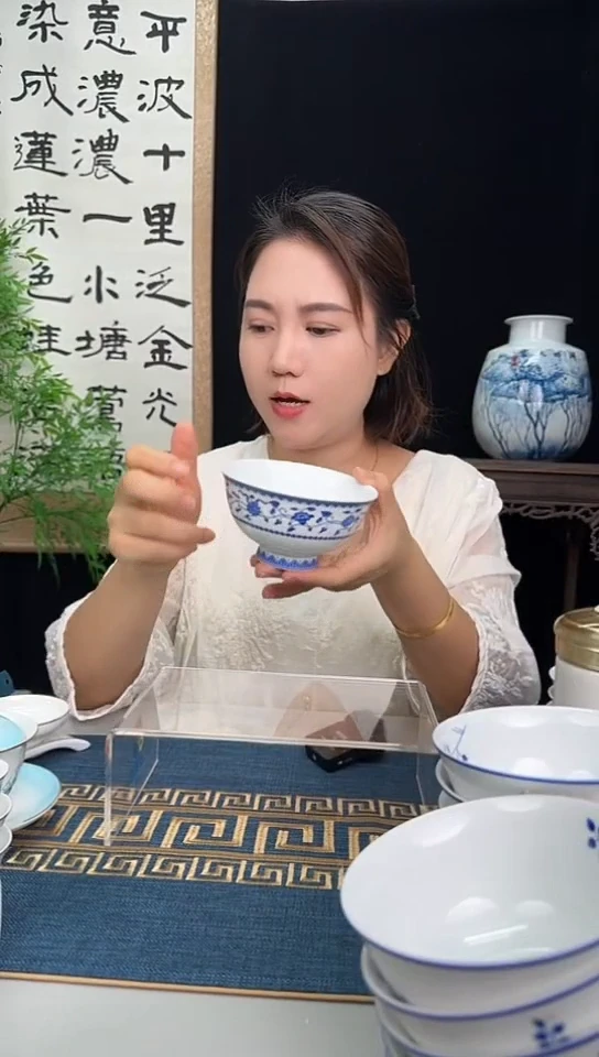 硬质细瓷4.5英寸釉中青花高脚碗10只装