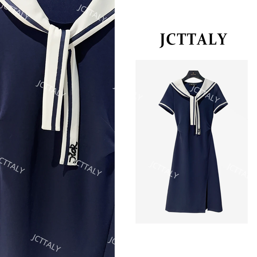 【宠粉价】夏季蓝色休闲气质设计师款时尚显瘦拼接连衣裙NH-A423