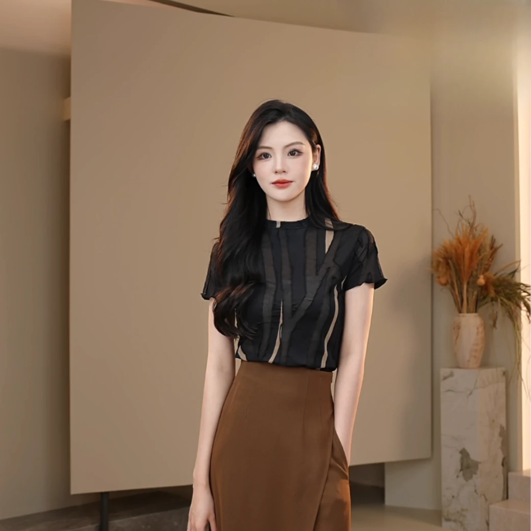 AMASS/阿玛施风感波粒网纱T恤5300603拼接女款夏季简约风常规百搭