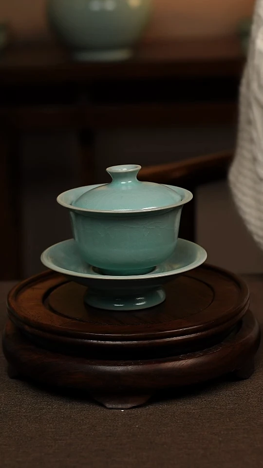 瓷片仿古青绿釉全手工三才元宝盖碗150ml 一级礼盒包装