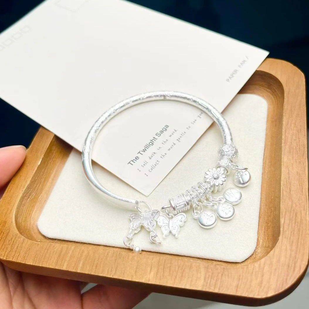 足银手镯 吉言蝴蝶流苏古法开口手镯SY717