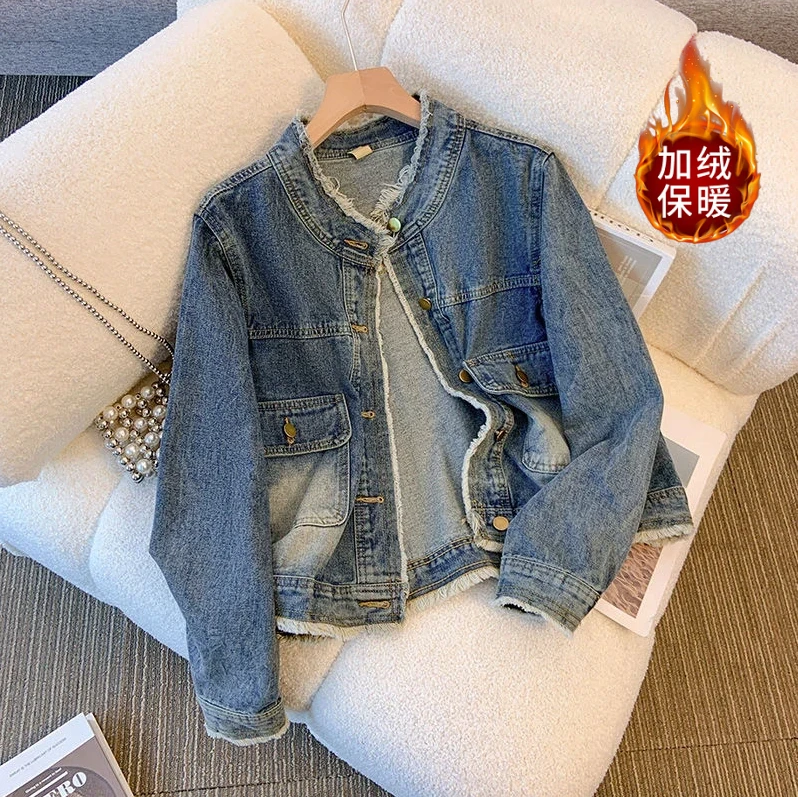 【保暖百搭】复古牛仔服2025女装时尚毛边港风宽松款短款单排扣外套