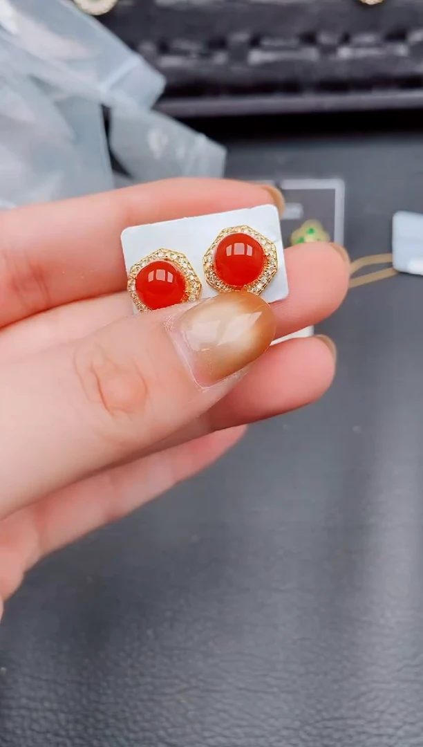 【闪购商品】玛瑙/玉髓耳钉银S925镶嵌天然a货翡翠490