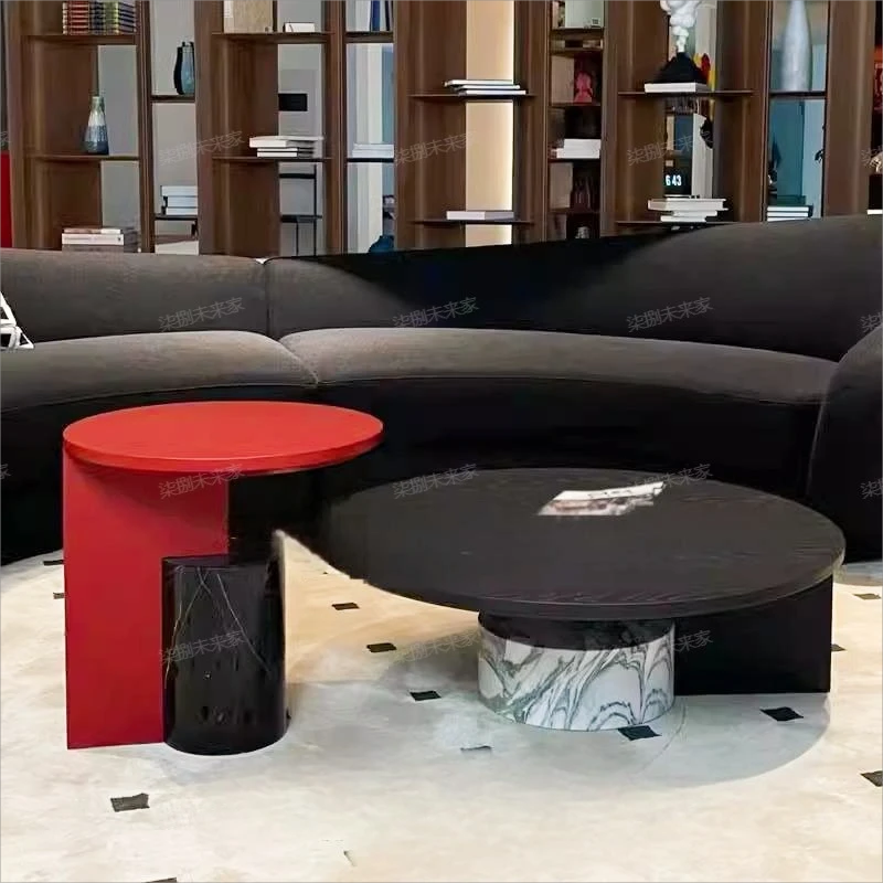 中古风实木大理石茶几经典撞色组合矮茶桌艺术简约复古侘寂风茶台