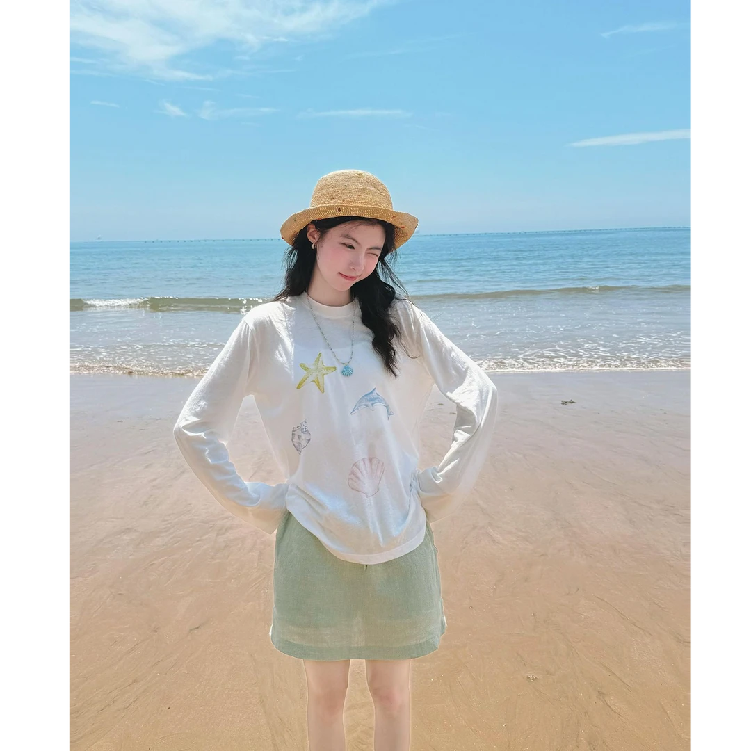 春夏轻薄微透海星印花长袖T恤夏季宽松防晒罩衫慵懒休闲上衣服