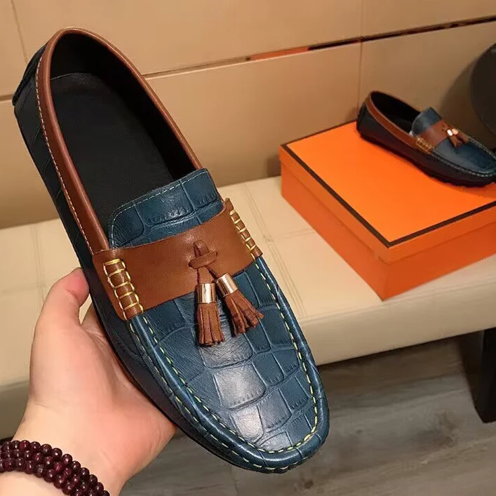 2025夏季豆豆鞋真皮透气舒适软底时尚百搭轻便鳄鱼纹男士休闲皮鞋