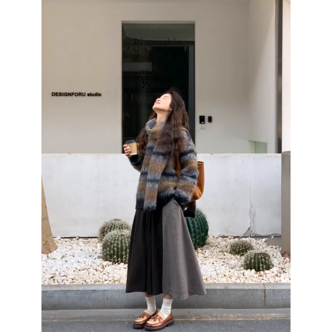 复古慵懒风软糯撞色条纹针织衫秋冬女洋气别致半身裙套装