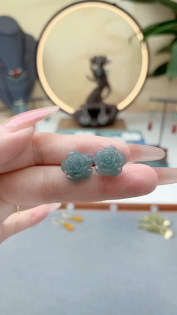 银S925镶嵌翡翠耳饰00翡翠花朵耳钉